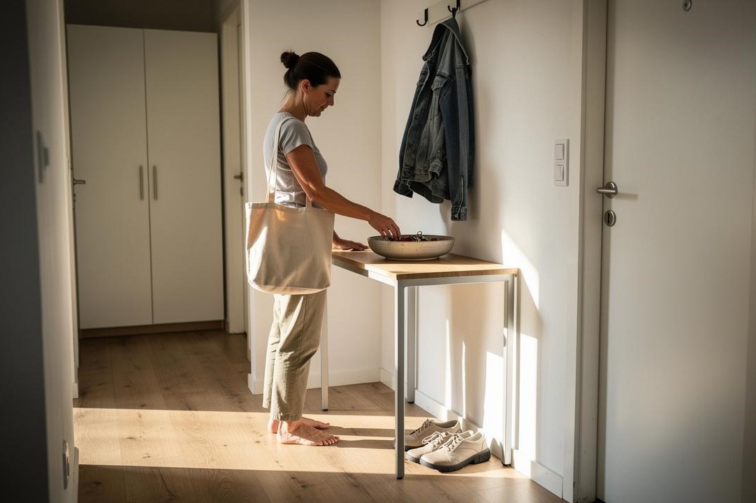 Bosa žena uzima ključeve iz činije pored ulaznih vrata